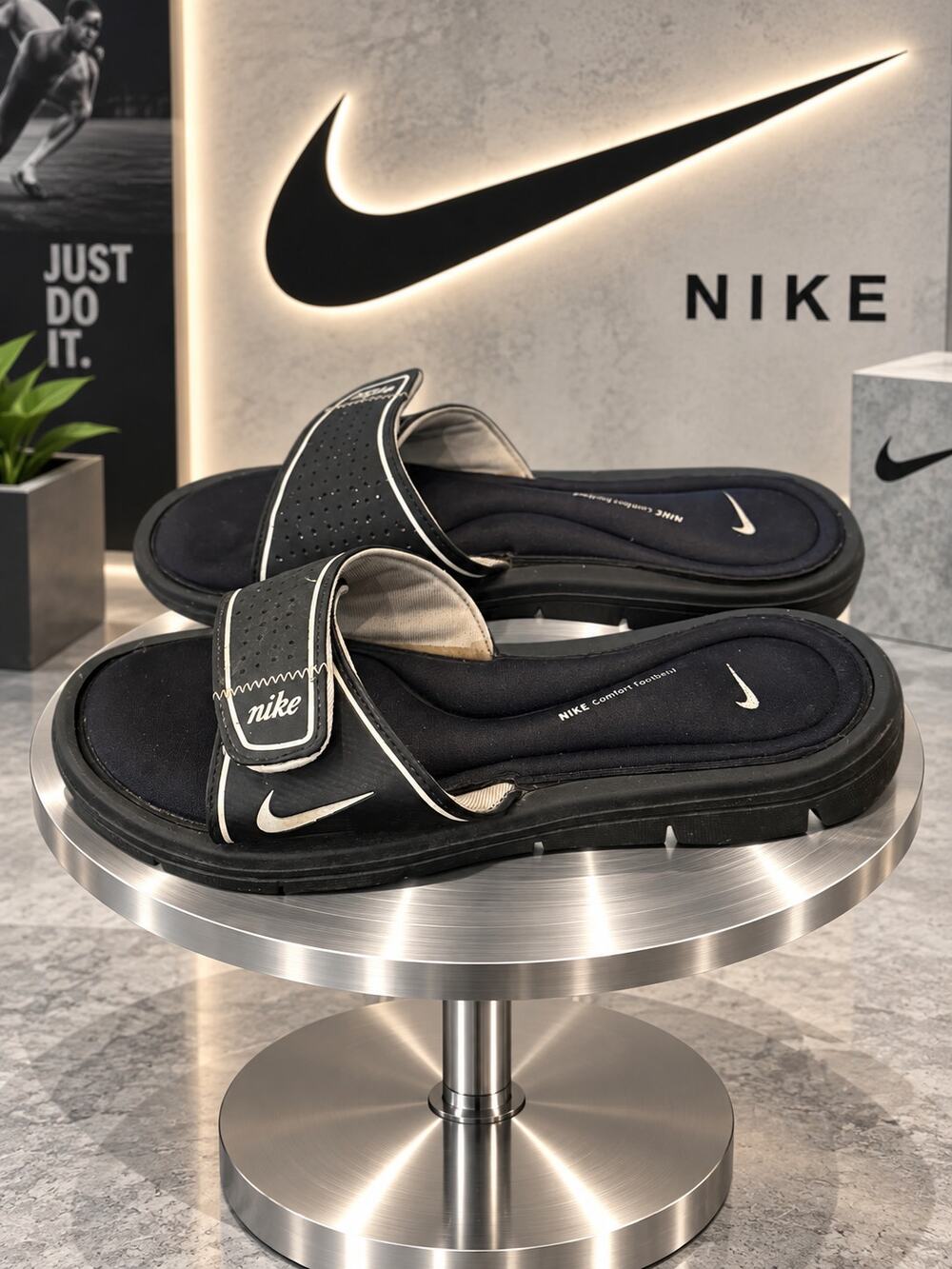 Nike Comfort Footbed 360883-011 Black White Adjustable Slide Sandals Sz 8